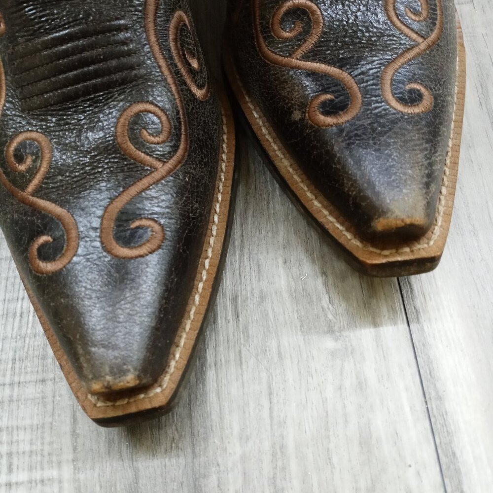 Ariat Dark Brown Leather Heeled Western Boots with Tan Stitching - Picture 12 of 15